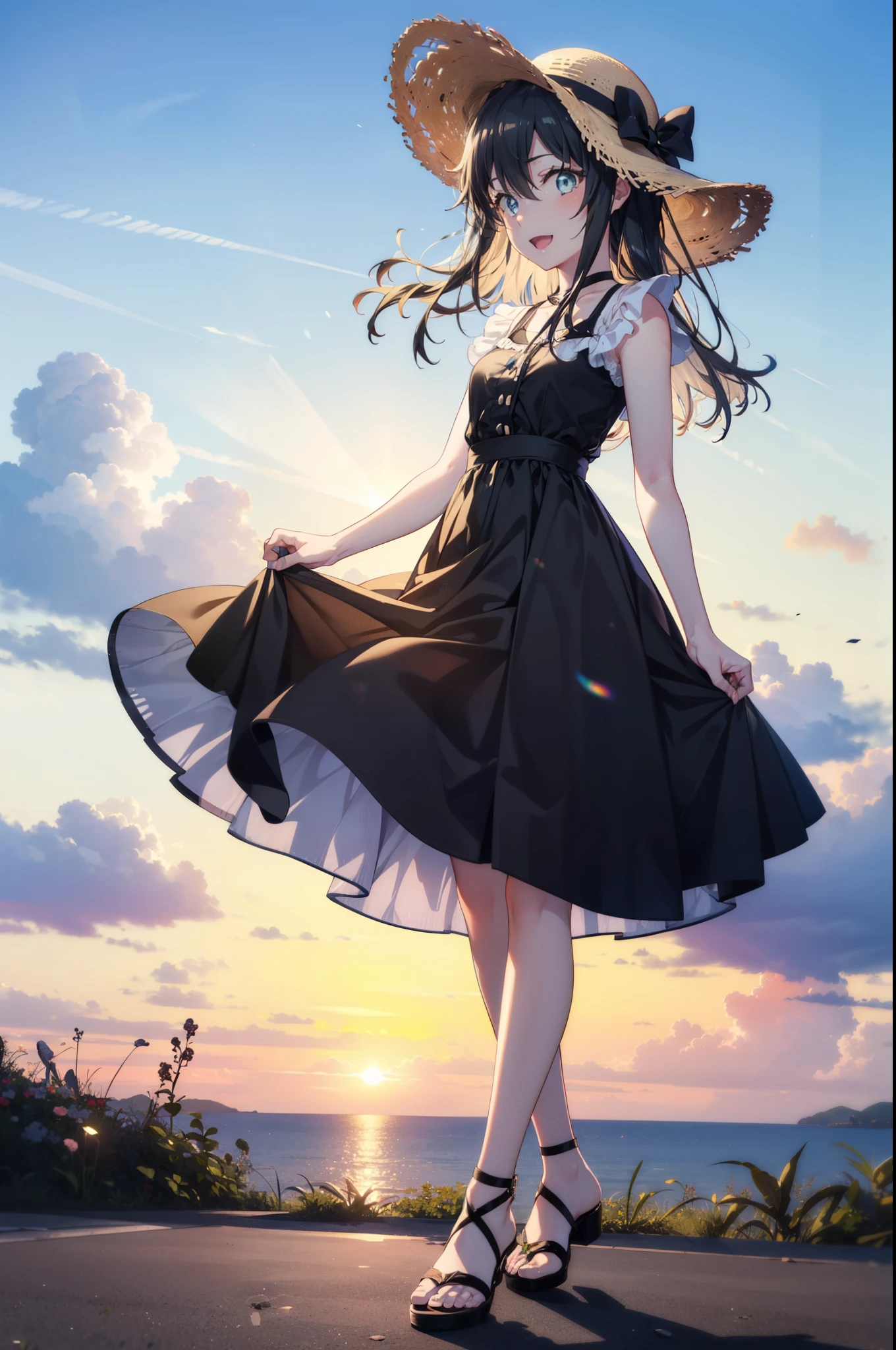 yukinoyukinoshita, Yukino yukinoshita, Black Hair, blue eyes, Long Hair,smile, Small breasts,happy smile, smile, Open your mouth,Straw hat,
, Sleeveless black dress,Black long skirt,Cute Sandals,walking,Real Summer,Daytime,sunny,whole bodyがイラストの中に入っていくように,evening,sunset,The sun is setting,
break outdoors ,Coastal Road　　　　　　　　　　　　　　break looking at viewer, whole body,
break (masterpiece:1.2), highest quality, High resolution, unity 8k wallpaper, (shape:0.8), (Beautiful and beautiful eyes:1.6), Highly detailed face, Perfect lighting, Highly detailed CG, (Perfect hands, Perfect Anatomy),