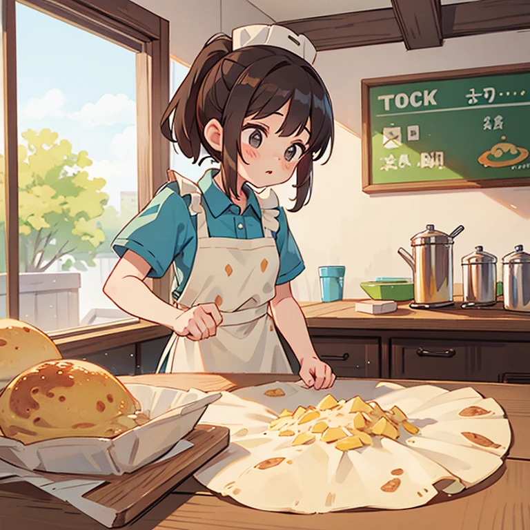Girls kneading tortillas at a taco shop Apron and ponytail Mince is on the table