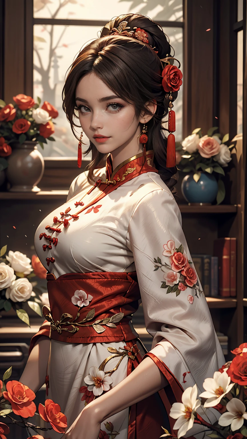 One girl,Upper Body,Robber Girl,China dress,Chinese clothing,Hair Flowers,(masterpiece:1.4),(highest quality:1.4),(Shiny skin),Red lips,View your viewers,Large Breasts,Lips parted