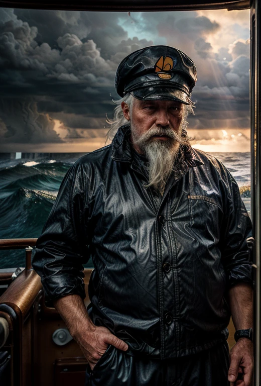 (((an old fisherman with white hair and a white beard, standing at the helm of his pilothouse and steers it through the rough stormy sea)), (Rain lashes against Pilothouse Window:1,2), heavily tanned face, deep facial wrinkles, he is wearing a fisherman's cap and has a tobacco pipe in his mouth from which smoke is rising, huge waves, rough waves, God's rays, foaming water, dramatic light, ray tracing,
