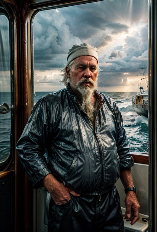 (((an old fisherman with white hair and a white beard, standing at the helm of his pilothouse and steers it through the rough stormy sea)), (Rain lashes against Pilothouse Window:1,2), heavily tanned face, deep facial wrinkles, he is wearing a fisherman's cap and has a tobacco pipe in his mouth from which smoke is rising, huge waves, rough waves, God's rays, foaming water, dramatic light, ray tracing,