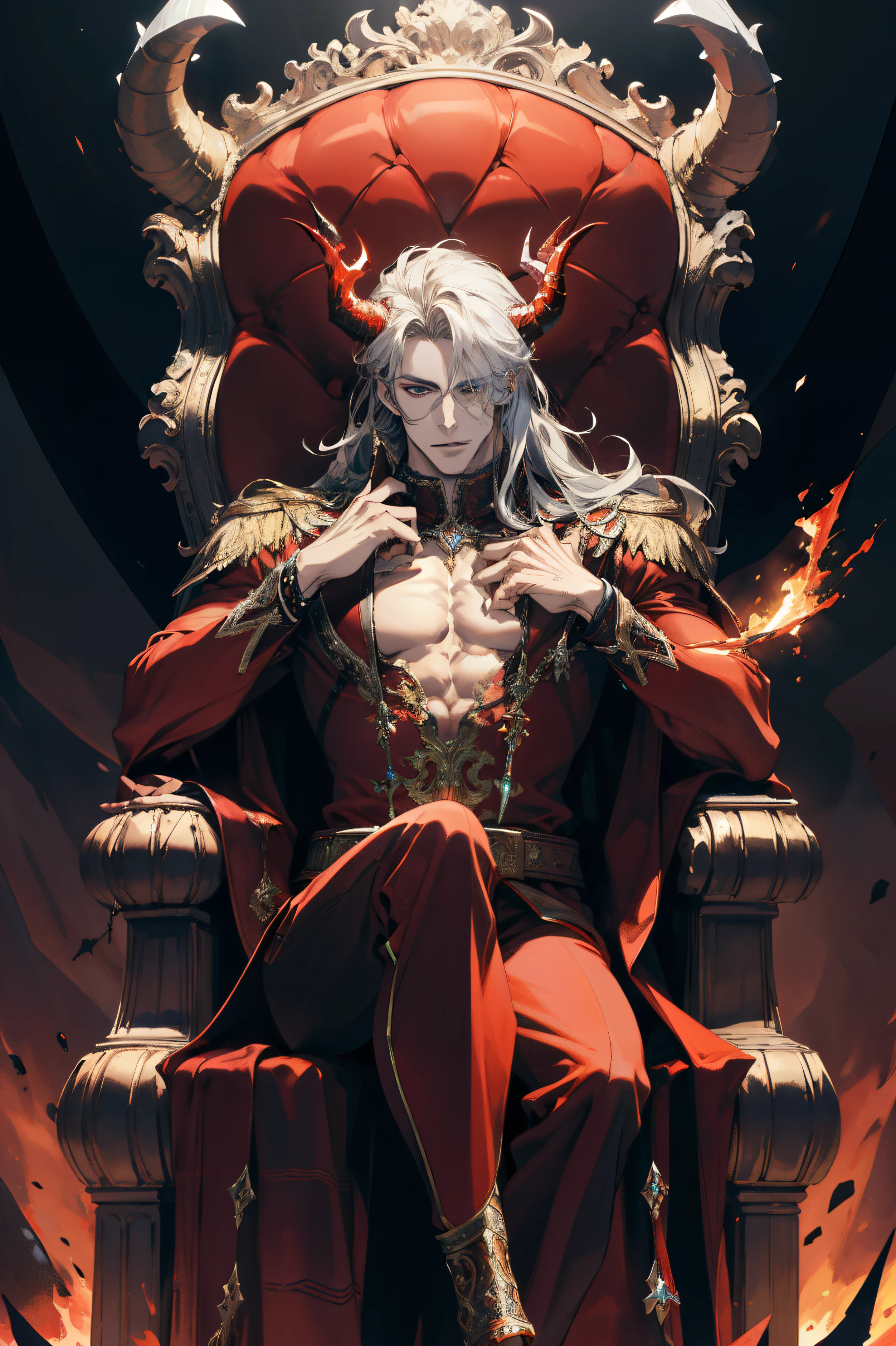 (absurdres, highres, ultra detailed), 1 male, adult, devil, tall muscular guy, broad shoulders, finely detailed eyes and detailed face, long hair, fantasy, magnificent background, throne, magic effect, flame