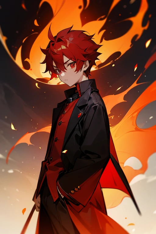 12 year old boy, fiery red hair, fiery red eyes, Phoenix Overcoat, Flames, Inferno, Fire Demon, 