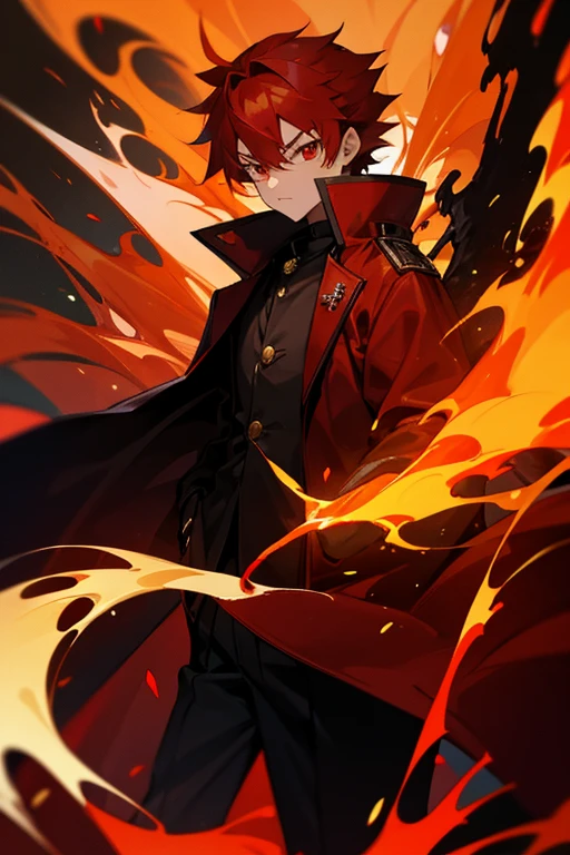 12 year old boy, fiery red hair, fiery red eyes, Phoenix Overcoat, Flames, Inferno, Fire Demon,