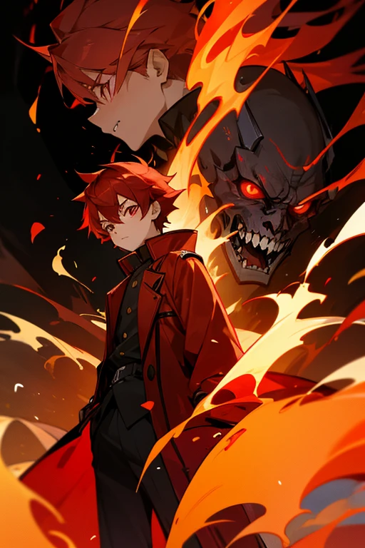  boy, fiery red hair, fiery red eyes, Phoenix Overcoat, Flames, Inferno, Fire Demon, 