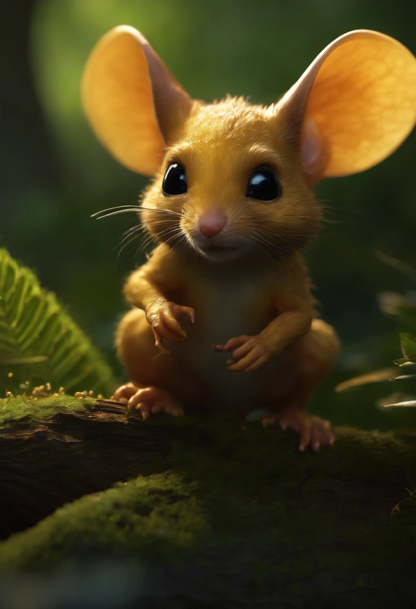 realism, realism, Close up of cute tiny fireflies around a huge oak tree, Morning lighting, dew, illuminate the bush, Detailed picture, cgsociety, detailed painting, Artstation HD, High detail, cgsociety, фотоrealism, conceptual art, Artstation HD, official art, hips ,Cute alien creatures, similar to gremlins, look like golden mice, (KBZBB:1.25), ((gremlin),Zhkute, Small, Baby, Beautiful, fantasy art, deviant art, Trending art stations, digital art, detailed, realistic, humanoid, NATURE, tiny, cinematic frame, cinematic portrait of a golden mouse