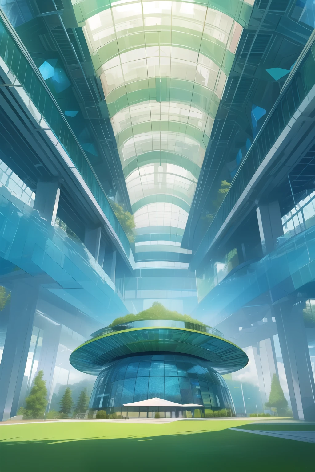 ((best quality)), ((masterpiece)), (detailed), Simple cover,Wilderness,Blue-green color,Modern futuristic crystal glass circular building