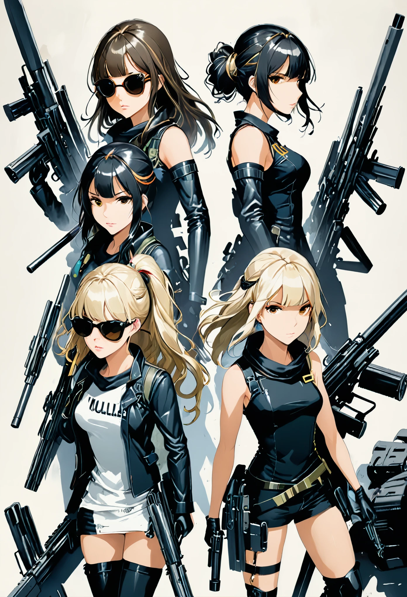 Masterpiece,Best Quality,Hyper Detailed,Intricate Detail,Dark Intense Shadows, in style of Ashley Wood,(multiple_girls:3.6),(multi girls poster design:3.1),(heavy weapons:1.9),(poster design:2.2),brunette,hair,streaked hair,blond,sunglasses,bandana,metal bulletproof helmet,dynamic action,animated emoticons,