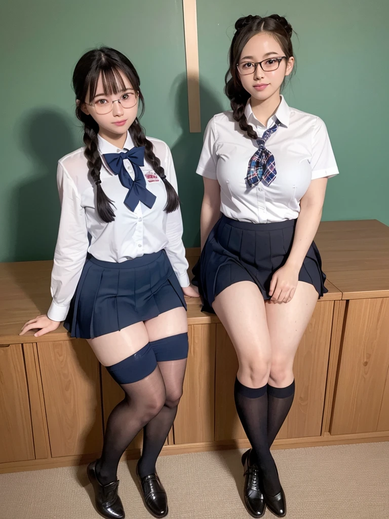 (highest quality),(High resolution),(8K),high school girl,The whole body is shown,(Large Breasts),Long, slender legs,Beautiful feet,Slender,Narrow waist,Black Hair,Small Face,Braid,Glasses,cute,smile,Red bow tie,Light blue tight shirt,A shirt that accentuates the shape of the chest,Navy and blue checked very short pleated skirt,mini skirt,(Wearing black stockings),(3人のhigh school girl:1.2),Erect nipples,Group photo
