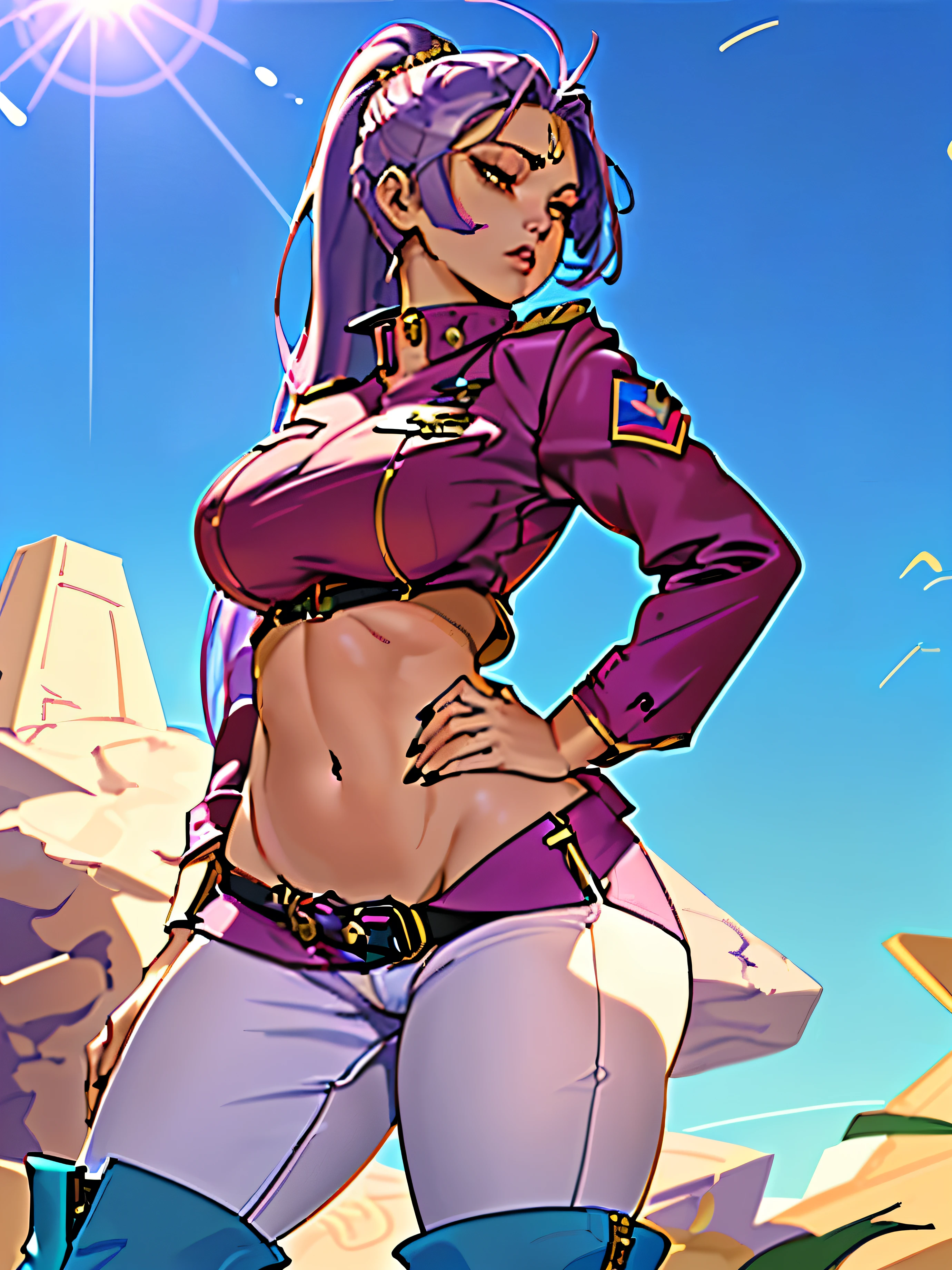 Nikke Marciana ((NIKKE GODDES OF VICTORY) , LONG JET PURPLE HAIR , WITH SERIOUS LOOK AT HER FACE , MILITARY UNIFORM THAT ENDS AT HER WAIST , WHITE PANTS THAT ARE VEY THINT TO HER SKIN AND SHE WERES BOOTS, ((BIG BOOBS)) , ((BIG ASS)) , ((MASSIVE HIPS)) HER BULLY IS OPEN AND SHE GOT HIP HIPS