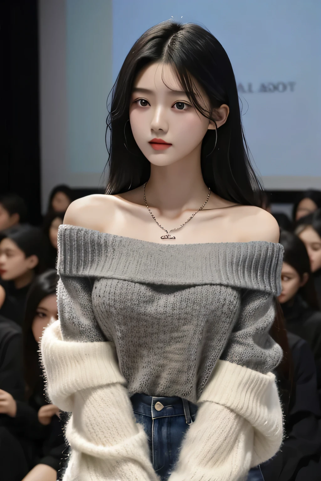1 Girl, 19 years old, Solitary, Long hair, huge , Looking at the audience, black hair, Off-shoulder, Black eyes, Jewel-like, whole body, A necklace, Off-shoulder, sweater, Practical, Sexy