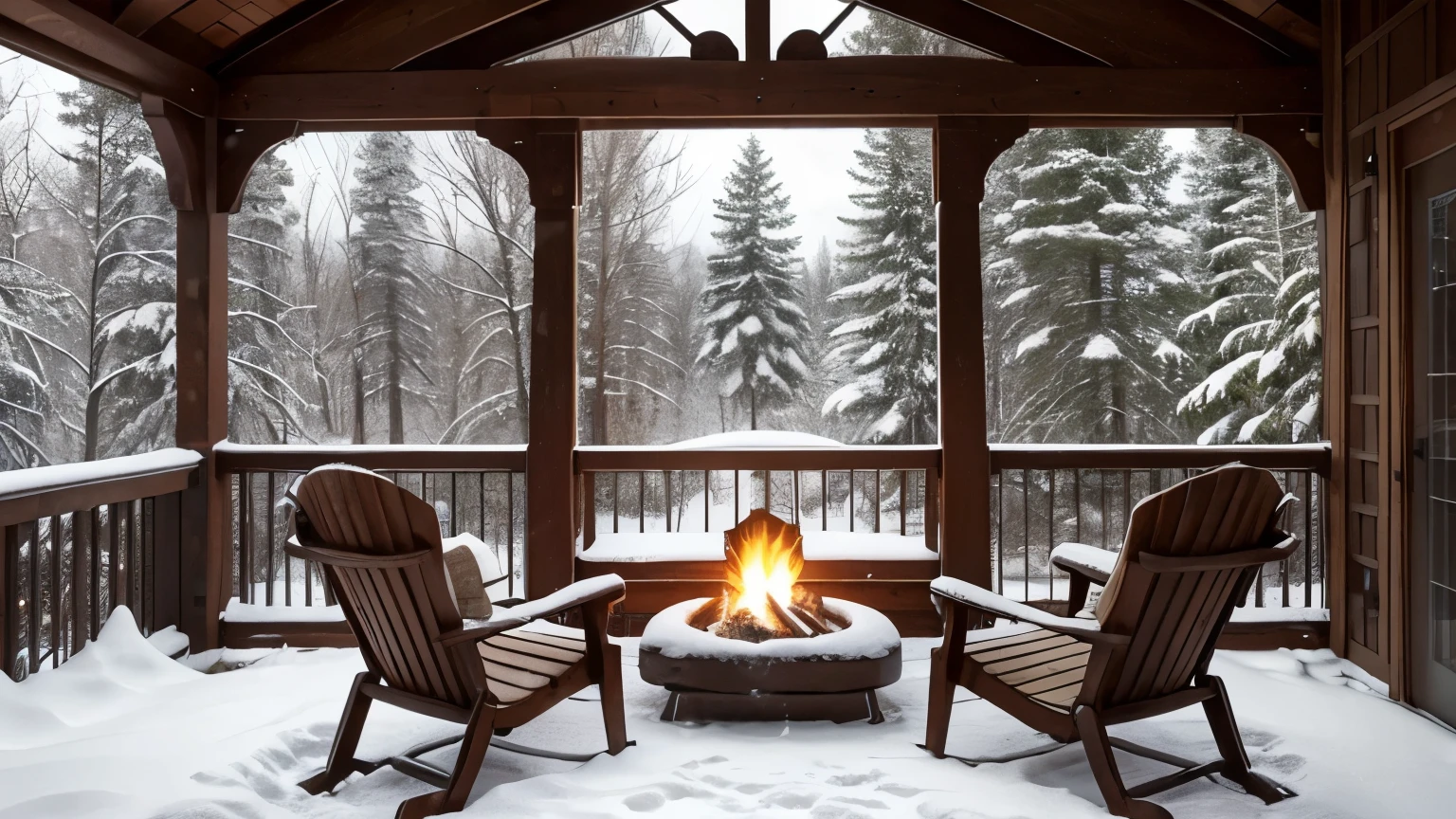 arafed view of a fireplace and chairs on a covered porch, relaxing environment, relaxing atmosphere, cozy and peaceful atmosphere, beautiful ambience, peaceful ambience, winter setting, relaxing mood, sublime comforting ambience, snow falling, outside in snow snowing, warm beautiful scene, relaxing concept art, (snow), quiet and serene atmosphere, cozy and calm