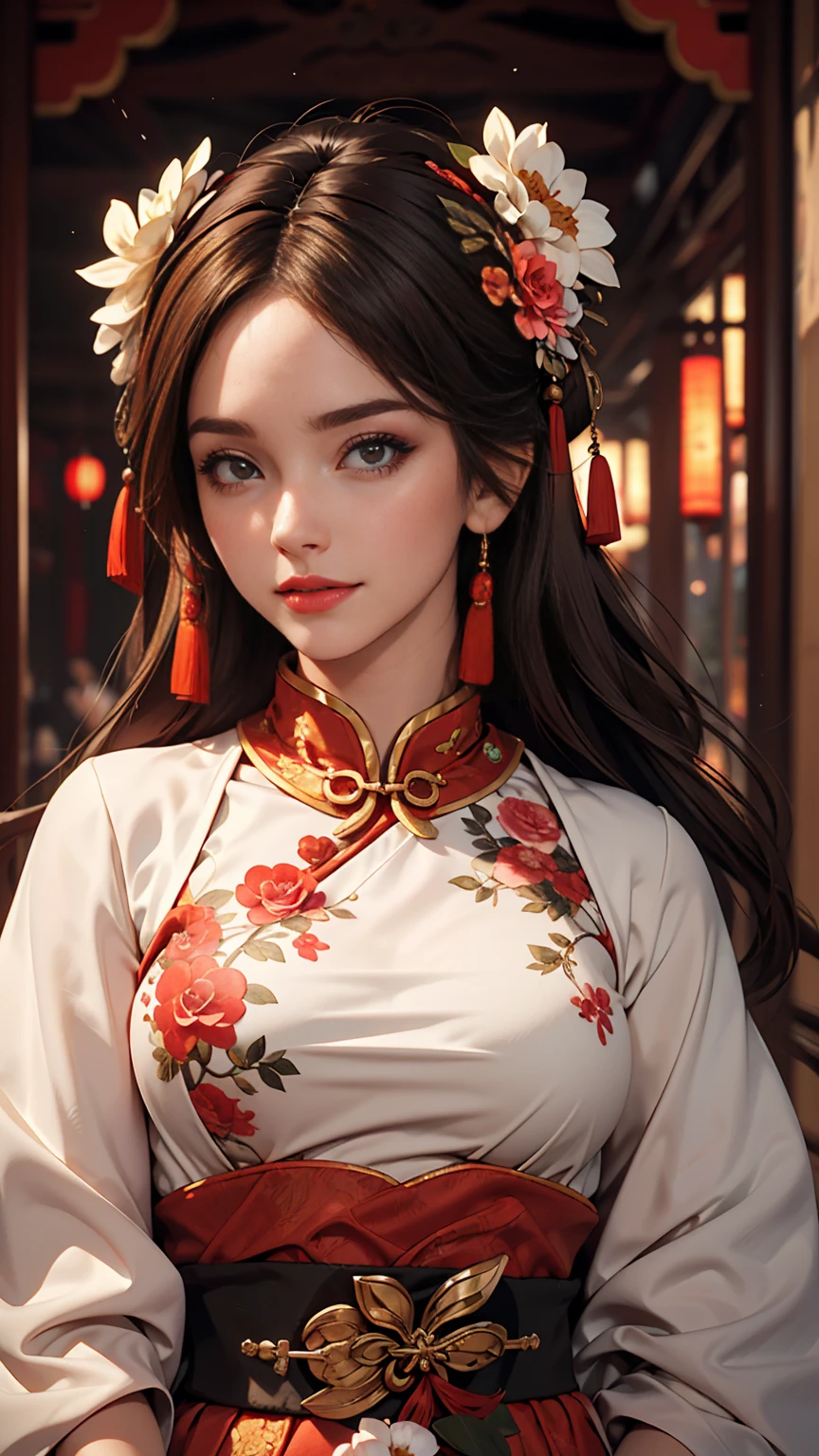 One girl,Upper Body,Robber Girl,China dress,Chinese clothing,Hair Flowers,(masterpiece:1.4),(highest quality:1.4),(Shiny skin),Red lips,View your viewers,Large Breasts,Lips parted