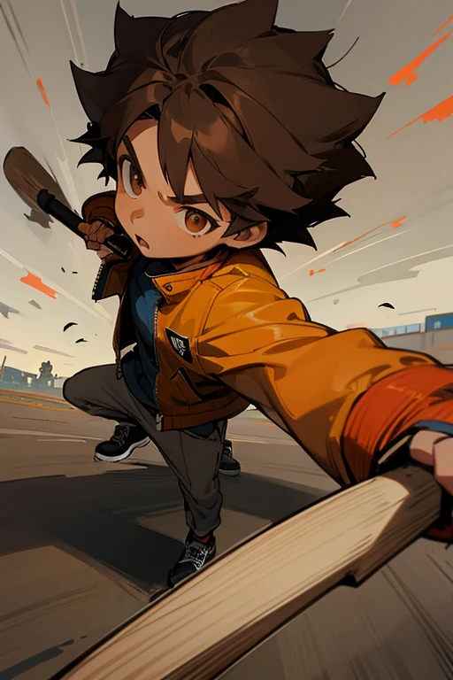 12 year old boy, brown hair, sweet brown eyes, hedgehog Jacket, baseball, baseball bat, sport,