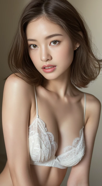 White Lingerie,((highest quality, 8k, masterpiece:1.3)), concentrate: 1.2, Perfect body beauty: 1.4, Hip: 1.2, Layered Haircut, Highly detailed face and skin texture, Delicate eyes, double eyelid, White skin, Long brown hair、slim、thin、Model Body Type