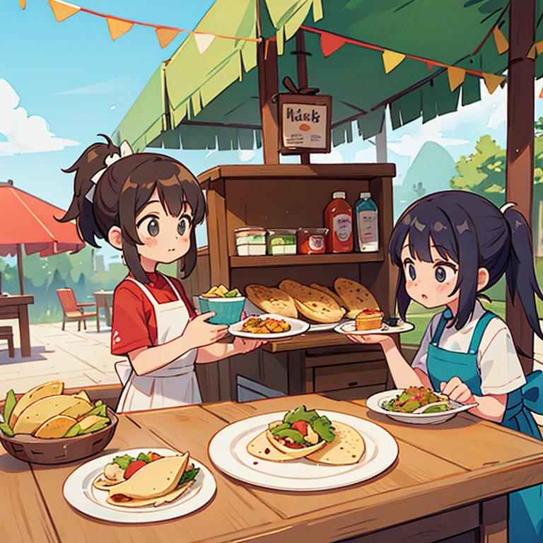 Girls selling tacos at a taco stand　Apron and ponytail　Tacos on a plate on the counter