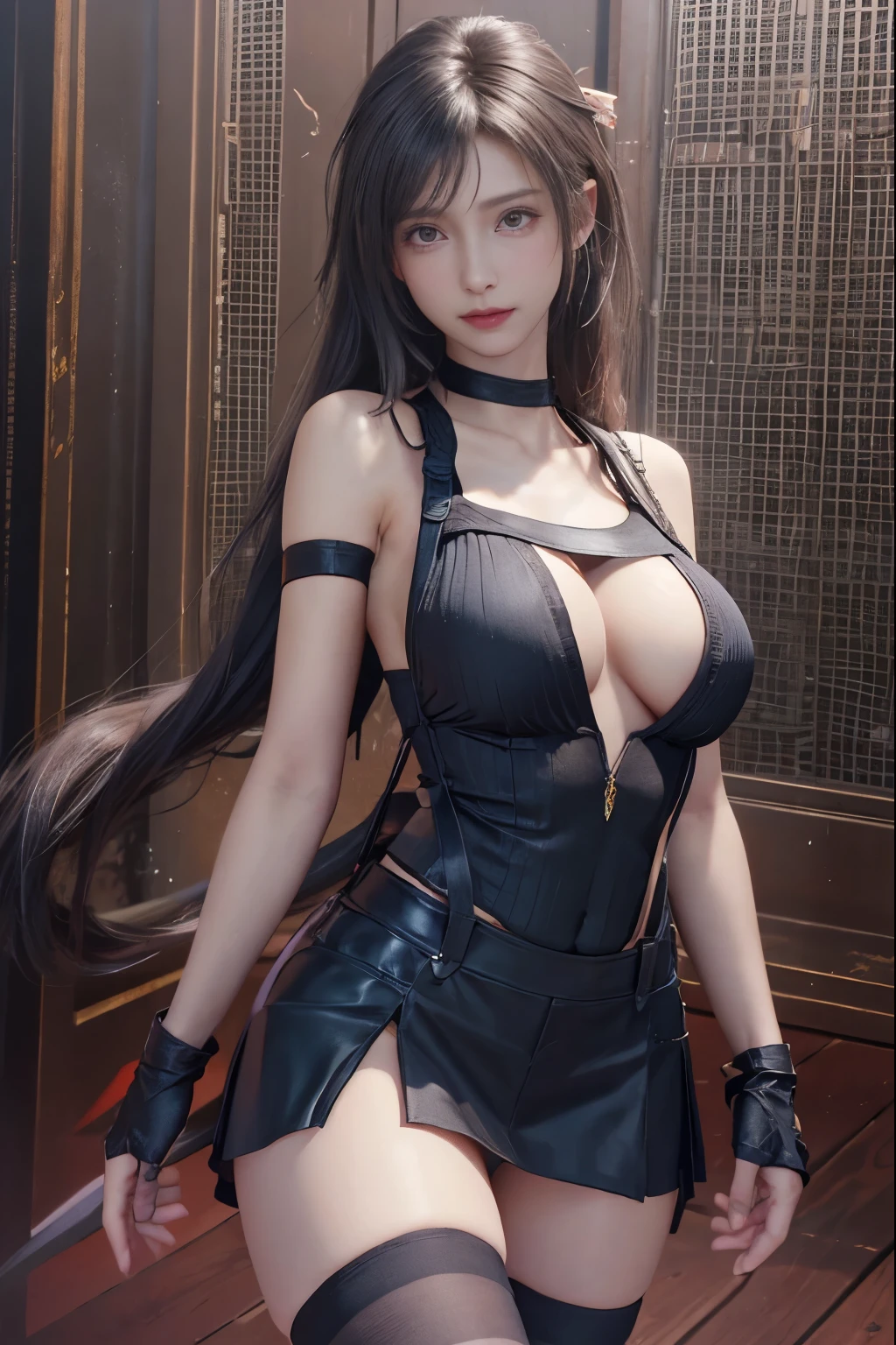 masterpiece, 最high quality, Ultra-high resolution, (Realistic:1.4), Detailed beautiful face, , One girl, Tifa_Lockhart, Final Fantasy VII Remake, Stunning European Women, suspenders,Black low rise mini skirt, White Tank Top, A tense shirt, Long straight black hair, Very beautiful and shining eyes、Sweating, blush ,Beautiful feet, So cute, Close-upポトレイト, 柔らかい肌のPerfect Faceを持つ素敵な, Perfect Face, , 、Chainetter、thigh、In the dungeon, scar, Complete diagram, Shapely , 8k resolution,Surreal,Ultra-detailed,high quality, (Huge teardrop , の谷間:1.2), Low Cut， Giant ， Close-up,A broad perspective
