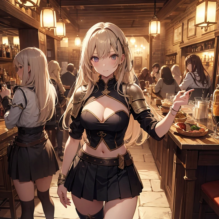 A group of female medieval fantasy adventurers, (in tavern), various hair styles, harem, night, details face, short skirt, seducing, sleeveless, armor, midriff