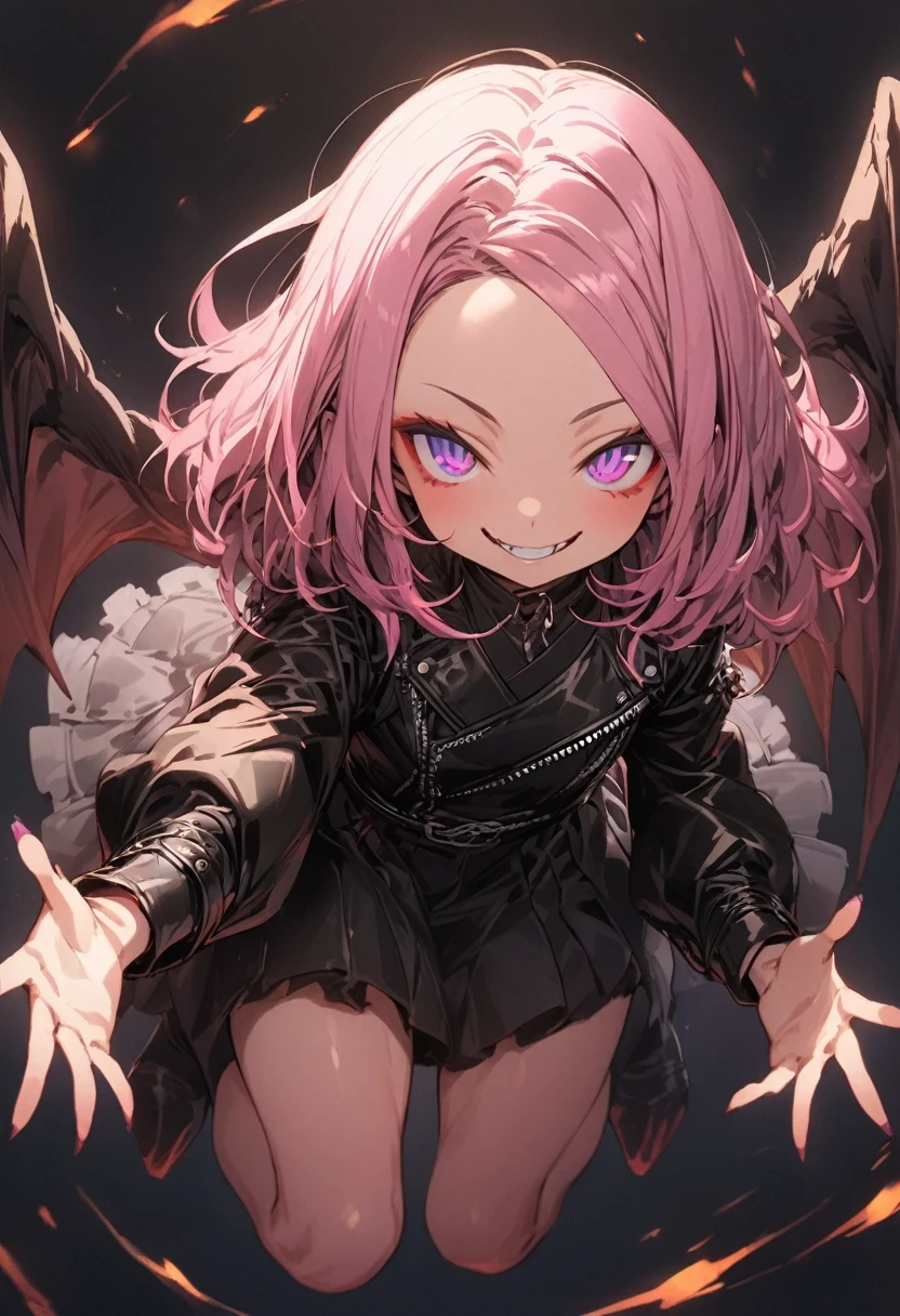 masterpiece, best quality, extremely detailed, high resolution, Japanese anime,1girl,dark pink hair, medium hair, forehead, purple eyes,beautiful detailed eyes, (sharp curved hanging eyes), natural makeup, 13 -year-old ,original character, fantasy, full body, black background, smirk, slut, flying, outstretched arms, beautiful fingers, leather jacket, devil wing, shoot from front, looking at viewer, medium shot