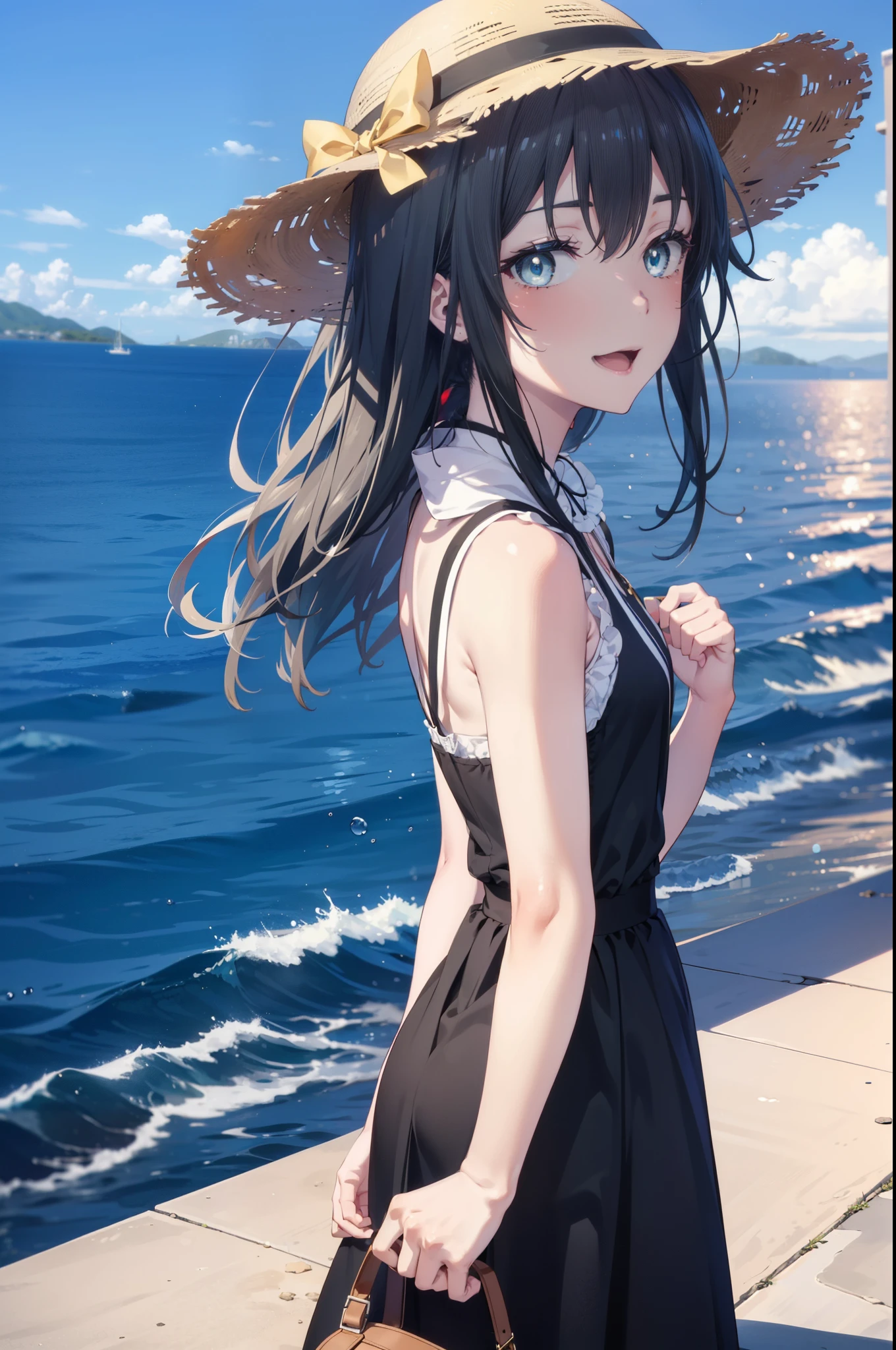 yukinoyukinoshita, Yukino yukinoshita, Black Hair, blue eyes, Long Hair,smile, Small breasts,happy smile, smile, Open your mouth,Straw hat,
, Sleeveless black dress,Black long skirt,Cute Sandals,walking,Real Summer,Daytime,sunny,whole bodyがイラストの中に入っていくように,evening,sunset,The sun is setting,
break outdoors ,Coastal Road　　　　　　　　　　　　　　break looking at viewer, whole body,
break (masterpiece:1.2), highest quality, High resolution, unity 8k wallpaper, (shape:0.8), (Beautiful and beautiful eyes:1.6), Highly detailed face, Perfect lighting, Highly detailed CG, (Perfect hands, Perfect Anatomy),