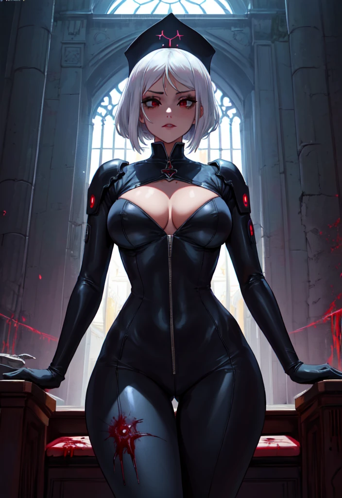 anime nun girl in a black bodysuit outfit in a gothic cathedra, nun outfit, nun, wearing shiny plate, cyberpunk, divine ray over her head, holy armor, holy cyborg necromancer girl, vampire nun, behind her a gothic cathedral, thicc, blood rayne, vampir hunter d, sliver hair, blood, creepy,