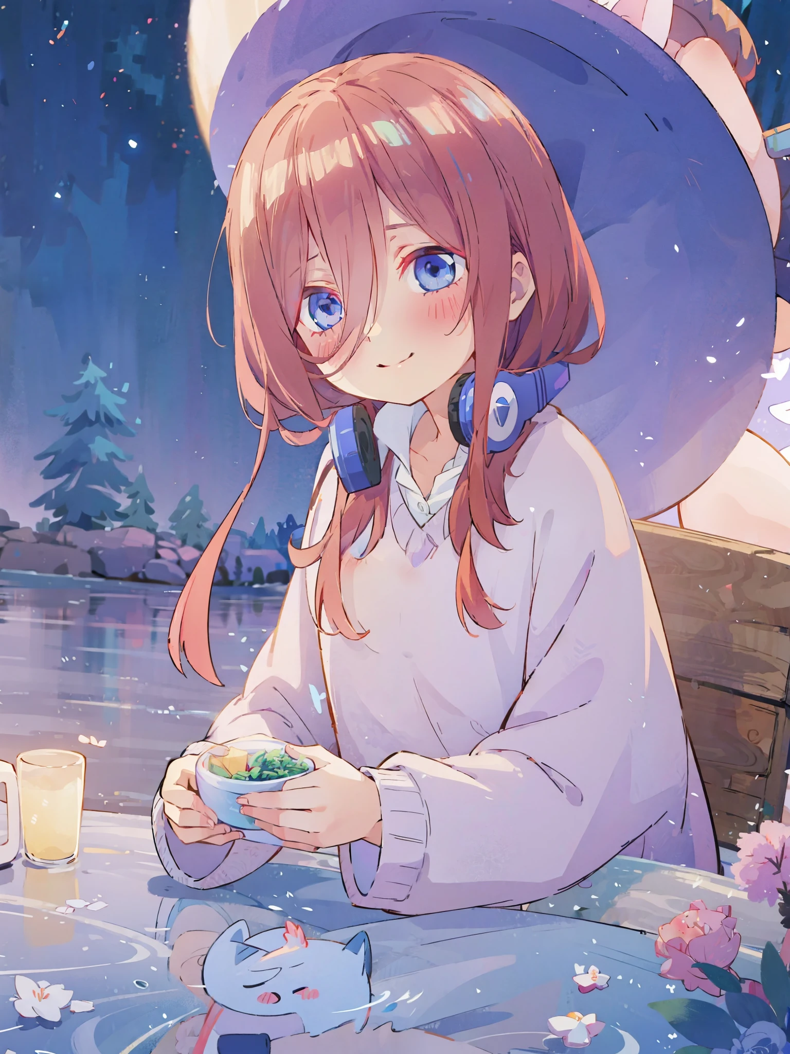 beautiful girl, gradient light blue and cream ballgown, long fluffy red brown hair, otherworldly pink indigo light blue and lilac pastel landscape background, watercolor illustration, disney art style, glowing aura around her, flowing glowing hair, glowing flowing hair, fantasia otherworldly landscape, beautiful, masterpiece, best quality, miku nakano, headphones, blue eyes,  looking at camera,sweet cute face, light smile, pretty gorgeous