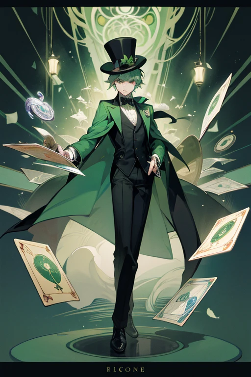 12 year old boy, pale green hair, jade eyes, full body, peacock overcoat, magic top hat, magician, Tarot Cards, Stage, Magic Show,