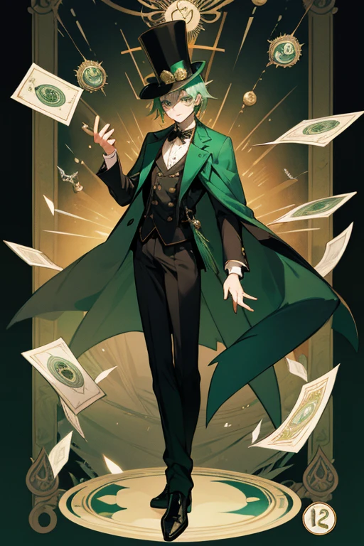 12 year old boy, pale green hair, jade eyes, full body, peacock overcoat, magic top hat, magician, Tarot Cards, Stage, Magic Show,