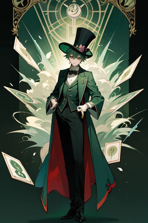 12 year old boy, pale green hair, jade eyes, full body, peacock overcoat, magic top hat, magician, Tarot Cards, Stage, Magic Show,
