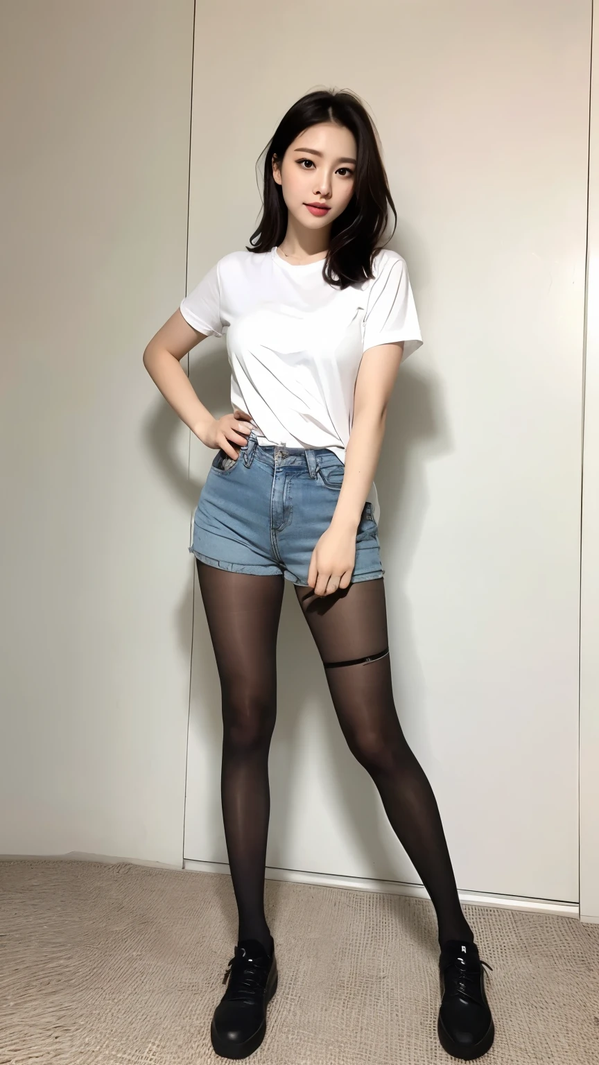 ulzzang-6500-v1.1, (Raw photo:1.2), (Photorealistic), (See-through:1.3), (Genuine:1.4), (Full Body Shot:1.2)、Long wavy silver hair, Place both sides up, (A sloppy white T-shirt, Denim shorts、Body-hugging shorts)、(Ultra-realistic pantyhose:1.3), (And colorful fluorescent sneakers), Casting a Spell, Modern Tokyo, highest quality, masterpiece, 1 girl, Very kind and beautiful girl,  Beautiful sparkle, Huge file sizes, High resolution, Very detailed, highest quality, [masterpiece:1.6], An illustration, Very detailed, Ticker, Fine details, highest quality, 8k wallpaper, Cinema Lighting, Cute droopy eyes Beautiful big eyes、 ((Mastepiece)), Best Quality, 1 Girl, Eyeshadow, Realistic skin texture、Shiny skin、Bare thighs!!! , Makeup、
