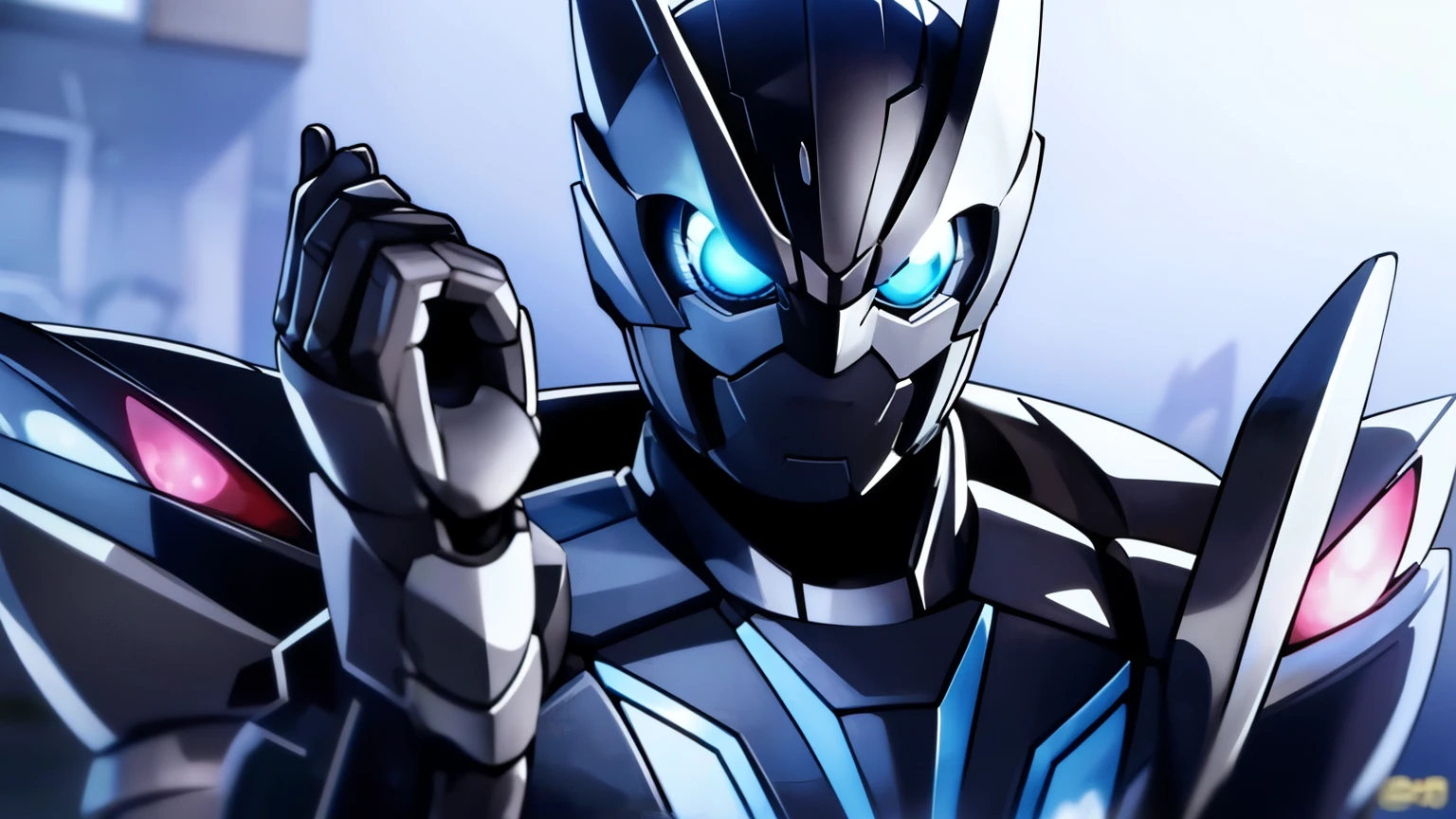 1male, kamen rider, black and white armor, blueish purple hue, blue eyes, cat motif, black hole motif, futuristic, visual novel cg style, BREAK looking at viewer, BREAK (masterpiece:1.2), best quality, high resolution, unity' 8k wallpaper, (illustration:0.8), (beautiful detailed eyes:1.6), extremely detailed face, perfect lighting, extremely detailed CG, (perfect hands, perfect anatomy)