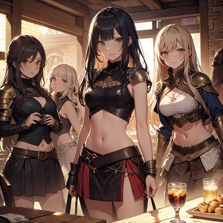 A group of female medieval fantasy adventurers, (in tavern), various hair styles, harem, night, details face, short skirt, seducing, sleeveless, armor, midriff