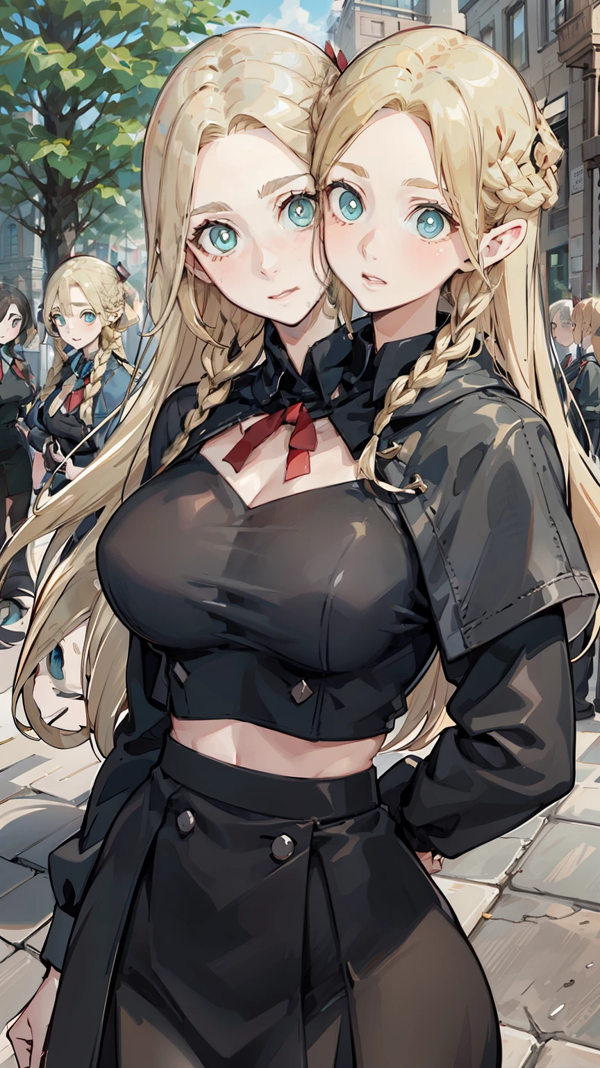 Uniforms,black skirt,white top,fashionable leather shoes, pop color,upper body, outdoors, park,long blonde hair,Thick eyebrows, bust and waist,beautiful blonde,(masterpiece),((highest quality)),(Super detailed),younger sister,(beautiful eyes beautiful details eyes,clean and delicate face,five fingers,Textile shades,anatomical perfection, conjoined_dicephalus, (two heads:1.3)