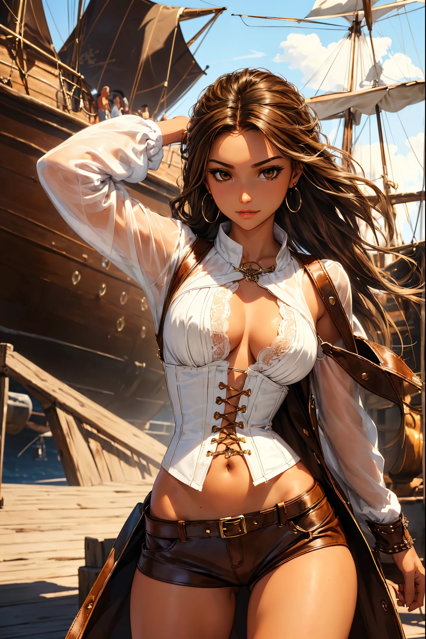 (masterpiece), best quality, expressive eyes, perfect face, (pirate ship background), (standing), (smirk), (closeup view), (1girl, vanessa alessia, dark skin, tanned skin, brown hair, gradient hair, yellow highlights, brown eyes, hourglass figure, thin body, skinny body, petite_body, medium breasts, thick thighs, long fingernails, gold jewelry, white front lace blouse, long sleeve, loose fit, brown leather corset, brown leather shorts, brown boots, sheathed cutlass sword, flintlock pistol in holster, hoop earrings, miscellaneous jewelry), porn star, topless, (action pose with pistol)