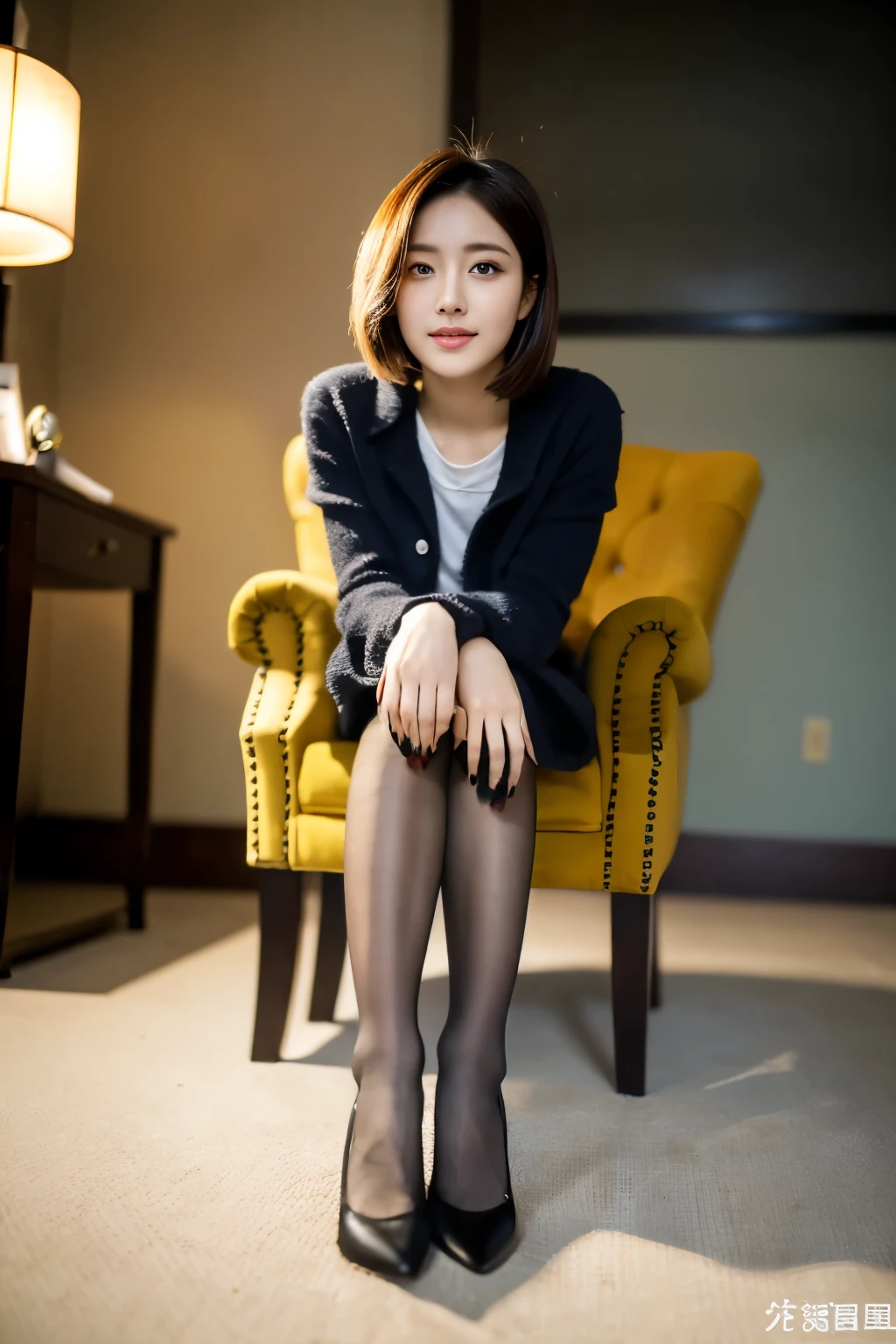 ulzzang-6500-v1.1, (RAW Photos:1.2), (Realistic Photo), Beautiful girl with attention to detail, (Realistic:1.4), Beautiful eye and face with High Detail, Beautiful eye with High Detail, Japanese , , (Ultra Realistic Pantyhose:1.2), No shoes, Sitting in a chair, (Ultra Realistic pantyhose:1. 2), No shoes, Toes, Sitting in a chair, Large file size, High resolution, very detailed, highest quality, [masterpiece:1. 6], figure, very detailed, Hmph, detailed, highest quality, 8k wallpaper, Cinema Lighting, One Girl, 17 years old, Perfect figure, cute droopy eye, beautiful big eye, eye , (( Tabletop)), highest quality, 1 girl, eyehadow, ((Full Body Shot:1.4)),.