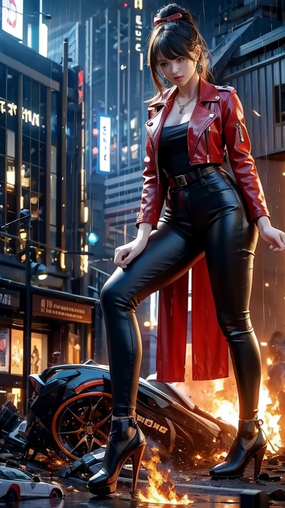 (32k, High resolution, highest quality, masterpiece, 超High resolution), (((Giantess Elements, Typhoon heavy rain))), From above, Perfect dynamic composition:1.0, ((night, In a ruined metropolis just feet high)), (Expressions of sadness:0.7), Highly detailed skin and facial textures:1.2, (Holding a sword:1.5, Towering Giant Young Woman:1.0, taller than a skyscraper:1.0, 400,000 feet high:1.5, Incredibly slim body:1.0), Fair skin, Sexy beauty, Very beautiful face, Water droplets on the skin, (The rain drips down on my body:0.5, Wet body:0.5, Wet Hair:0.5), ((Red Leather Jacket:1.0, Tight black leather pants:1.0)), Shapely breasts, Chest gap, Big eyes that exude beautiful eroticism, Lips that exude beautiful eroticism, necklace, Earrings, bracelet, wedding ring, ribbon, High heels, Full body portrait, ((A ruined world, ruins, Burning metropolis, Major impact, Emphasizing the majesty and power of giants, Increase the destructive element, Lower the building, Making cities smaller))