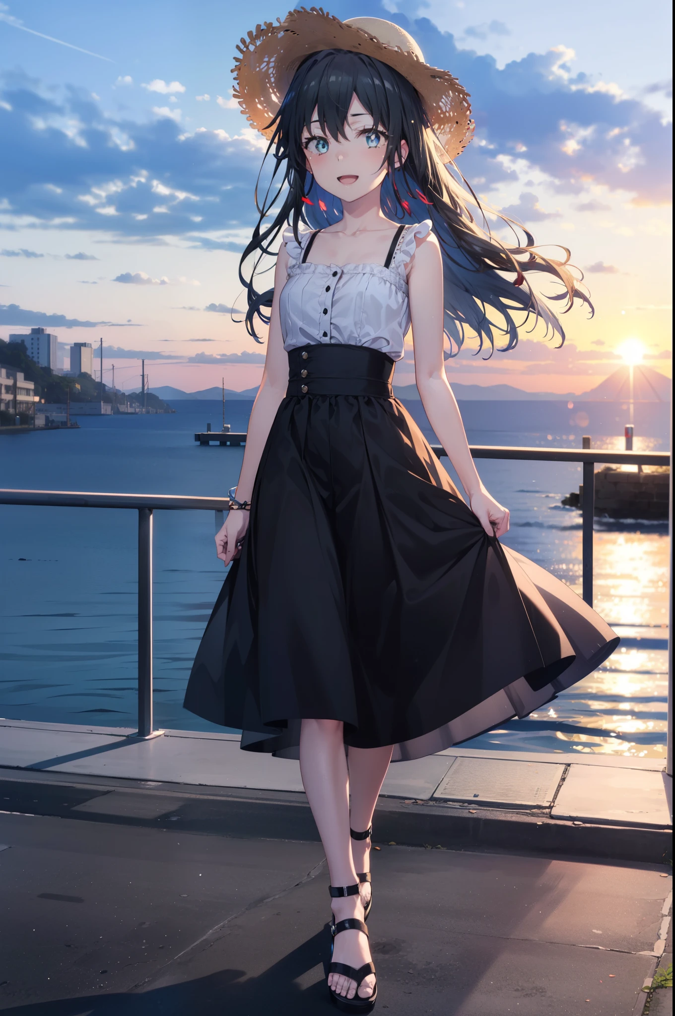 yukinoyukinoshita, Yukino yukinoshita, Black Hair, blue eyes, Long Hair,smile, Small breasts,happy smile, smile, Open your mouth,Straw hat,
, Sleeveless black dress,Black long skirt,Cute Sandals,walking,Real Summer,Daytime,sunny,whole bodyがイラストの中に入っていくように,evening,sunset,The sun is setting,
break outdoors ,Coastal Road　　　　　　　　　　　　　　break looking at viewer, whole body,
break (masterpiece:1.2), highest quality, High resolution, unity 8k wallpaper, (shape:0.8), (Beautiful and beautiful eyes:1.6), Highly detailed face, Perfect lighting, Highly detailed CG, (Perfect hands, Perfect Anatomy),
