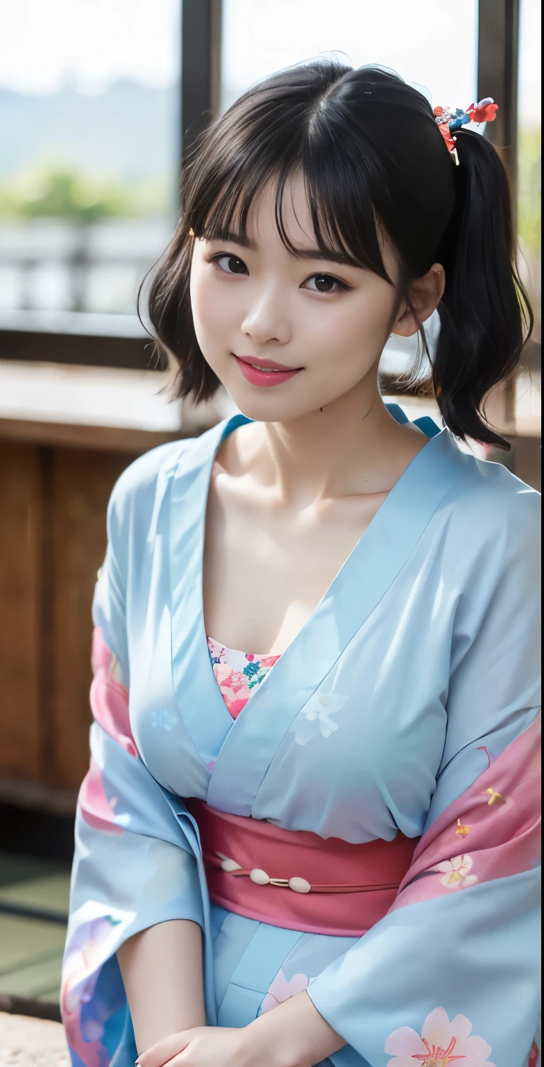 (8k、Raw photography、highest quality、masterpiece:1.2),(black haired、very short hair:1.8),(short twin tails:1.4)、show viewer,Looking at the front,erotic,white skin,(Wearing a kimono with a colorful floral pattern:1.7)、()、(Clothing that emphasizes the shape of your chest、publish one'Skin:1.8)、(big breasts :1.4)、slim body shape、ultra high resolution,beautiful,beautiful fece,(alone, alone、no background:1.9),whole bodyボディー,japanese woman,(Photoreal:1.37)、photon mapping,reality、(Baby-faced and cute: 1.2)、(cute smile: 1.7)、(With a round face: 1.8)、radio city、Physically based rendering、depth of field rally background、photograph, (I can see your knees,close up of thighs:1.4),whole body、super fine
