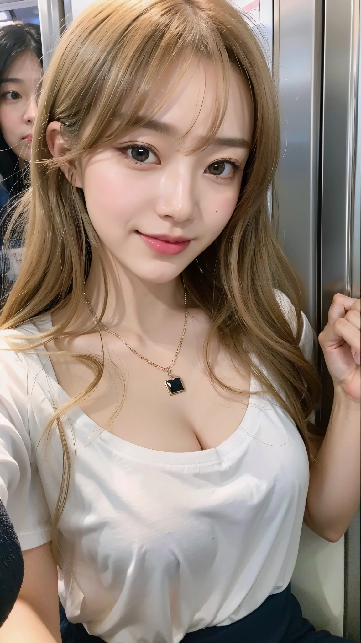 (highest quality、8k、32k、masterpiece、Realistic:1.4)、Cute Japanese Women Photos、Soft looking breasts、No bra、Ample breasts、((Shortcuts))、Face Focus、White T-shirt、necklace、1 carnation、From above、Looking at the audience、smile、I'm showing my teeth and smiling,Dynamic Shadows、blonde、Wet shiny hair、Shine, Watery eye、((In a crowded train)),