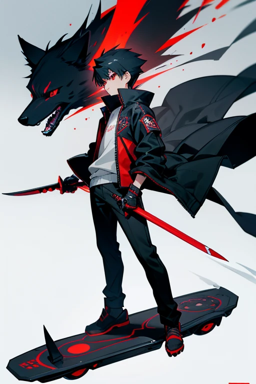 12 year old boy, spiky black hair, red eyes, full body, black Wolf Jacket, Hoverboard, Black Blade, Fenrir, Isekai, Reborn Adventurer, Guardian Angel,