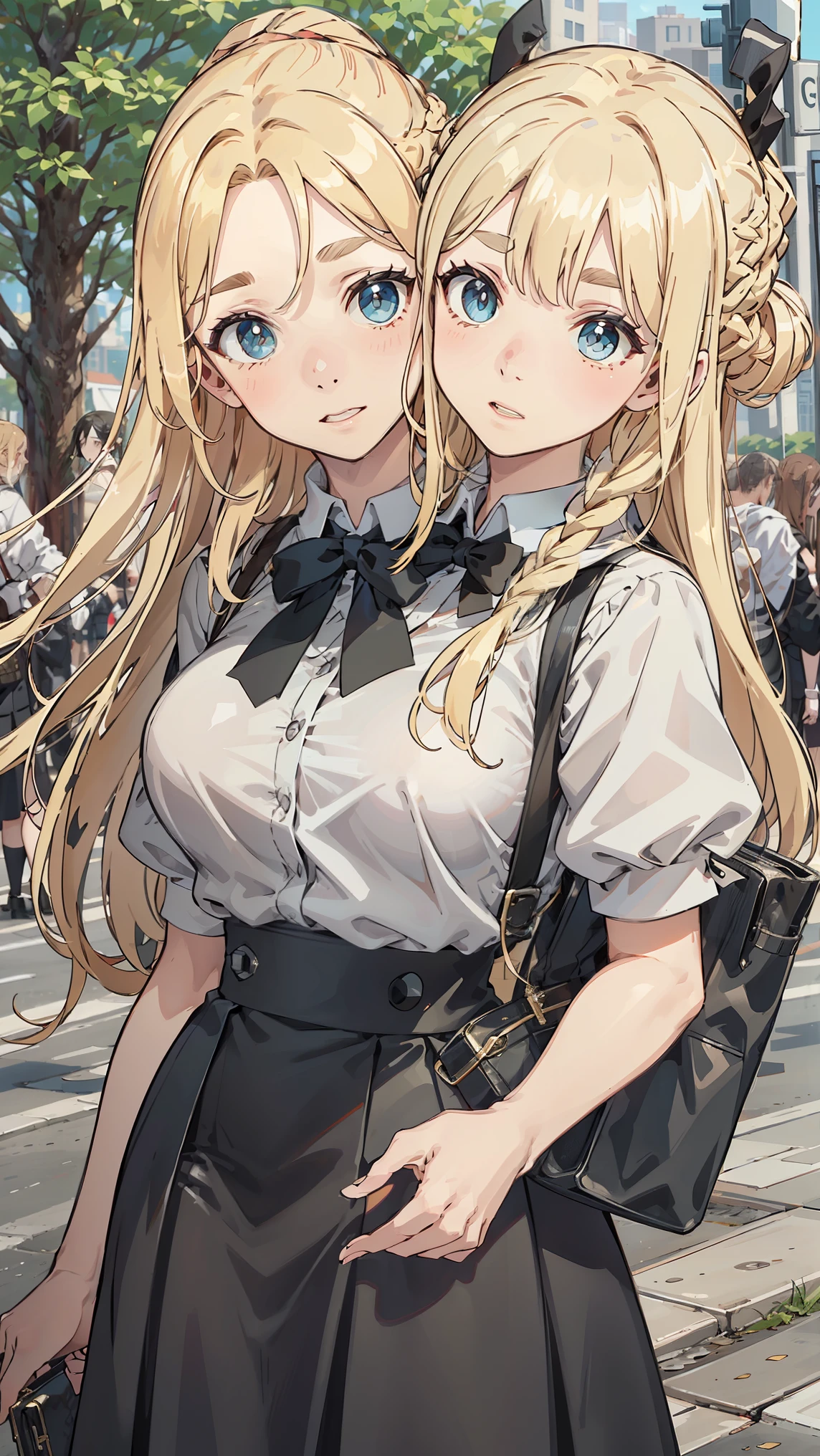 Uniforms，black skirt，white top，fashionable leather shoes， pop color，upper body, outdoors, park，long blonde hair，Thick eyebrows, bust and waist，beautiful blonde，（masterpiece），（（highest quality）），（Super detailed），younger sister，（beautiful eyes beautiful details eyes，clean and delicate face，five fingers，Textile shades, conjoined_dicephalus, (two heads:1.3)