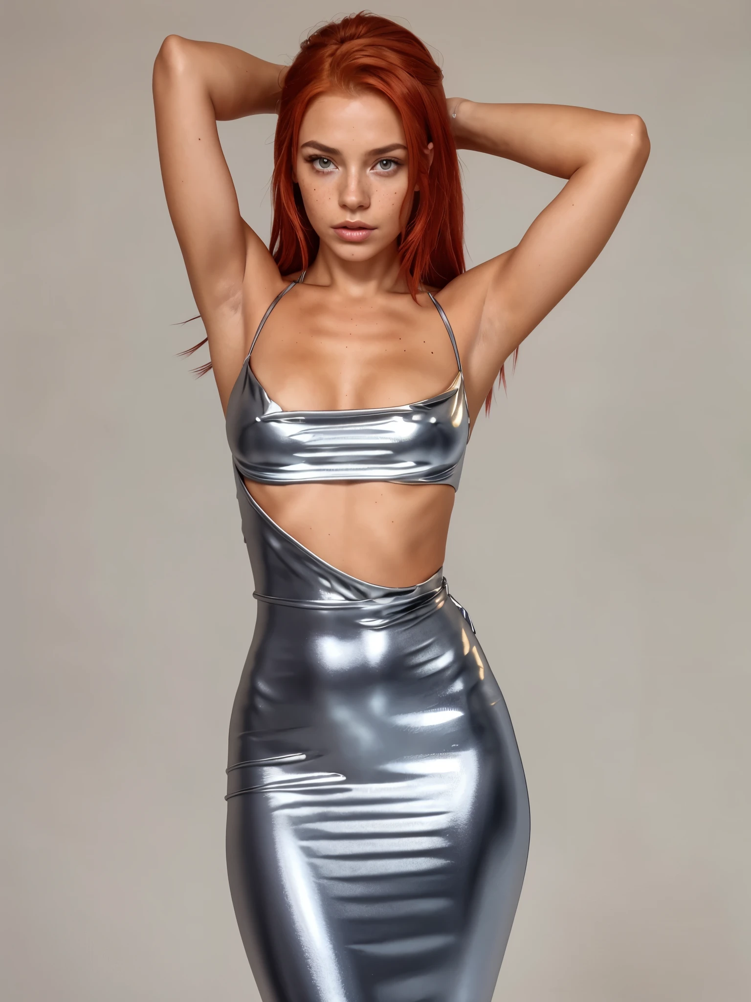 (best quality, high quality, sharp focus:1.4), beautiful european woman, photo studio, (simple background:1.1), (red hair:1.1), (freckles:1.1), br1ghtdr3ssng, silver br1ghtdr3ssng, sports wear