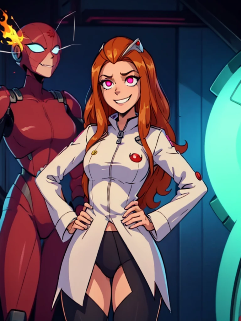 Sfw, mind control Sam by spider helmet robot, ginger hair, 'I have Sam's body', successfully possessed Sam, Glowing red piercing eyes, pervy evil grin, 'this is my body now', hahahaha, satisfying looks, venus body, , wearing white laboratory coat with green spy suit underneath, hands on hip, spider helmet