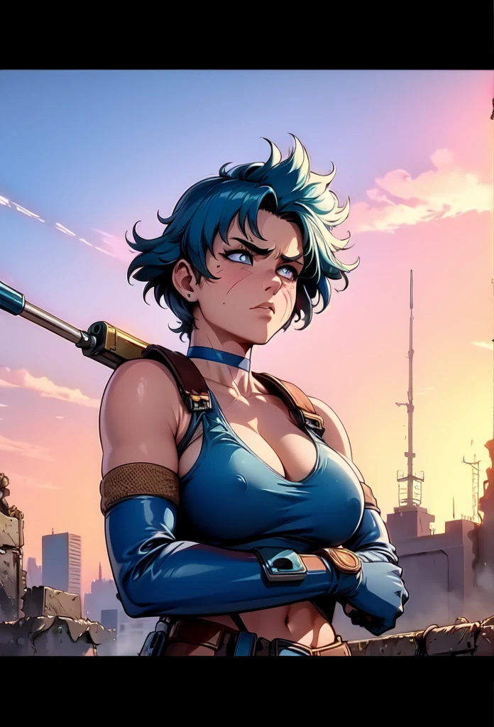 (best quality,4k,8k,highres,masterpiece:1.2),ultra-detailed,Ami Mizuno as a Mad Max survivor in the Westland,deserted post-apocalyptic world,dusty landscape,harsh sunlight,burning orange sky,gritty and distressed,ripped and tattered clothing,utility belt with survival tools,protective goggles covered with dust,Ami's bright blue hair flowing in the wind,determined and fierce expression,holding a modified high-tech weapon,scanning the horizon for danger,thick layers of dirt and grime on her face and hands,imposing scar across her cheek,distant ruins of a futuristic city in the background,Ami's transformation into a hardened warrior,blending her intelligence and strength,creating an iconic and empowering image,combining anime style with the gritty aesthetics of Mad Max. full body