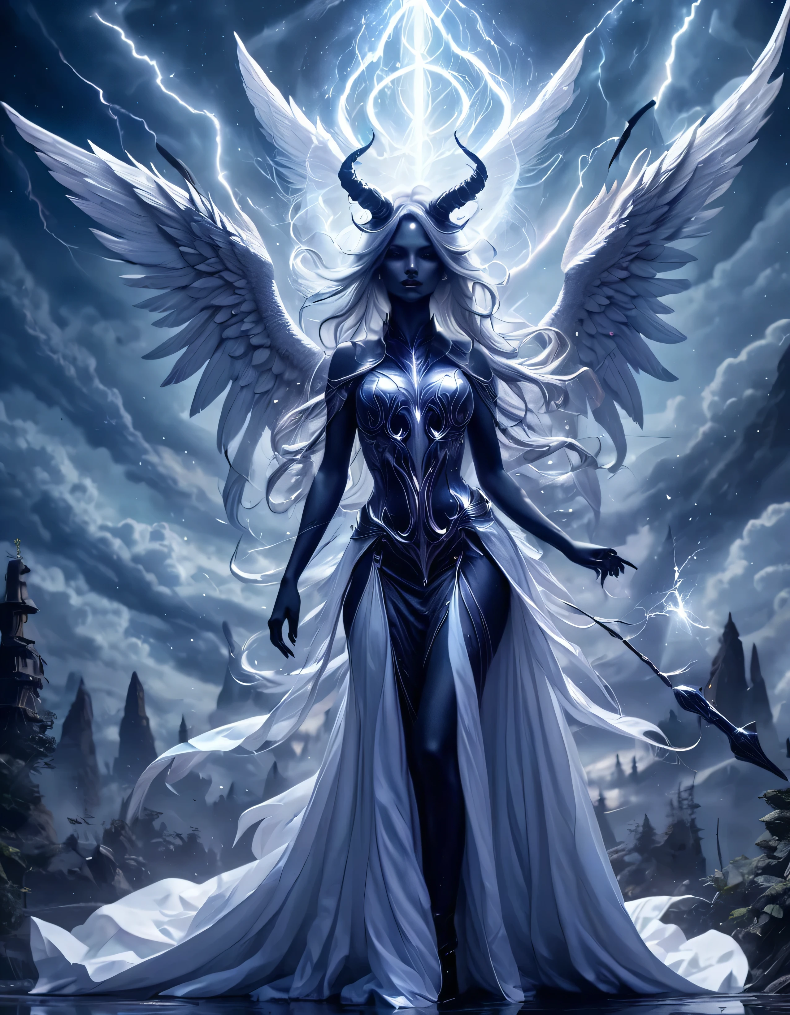 Full body shot, Demoness, busty, ((highest quality)),(ultra high resolution),(Super detailed),(detailed description),((best CG)),(best work of art),super precision art,amazing drawing art,(Fantasy art with intricate detail:1.5), A spear of light that pierces heaven and earth,Lightning emanating from the aurora cuts through the night sky,Angels blowing the trumpets of the end