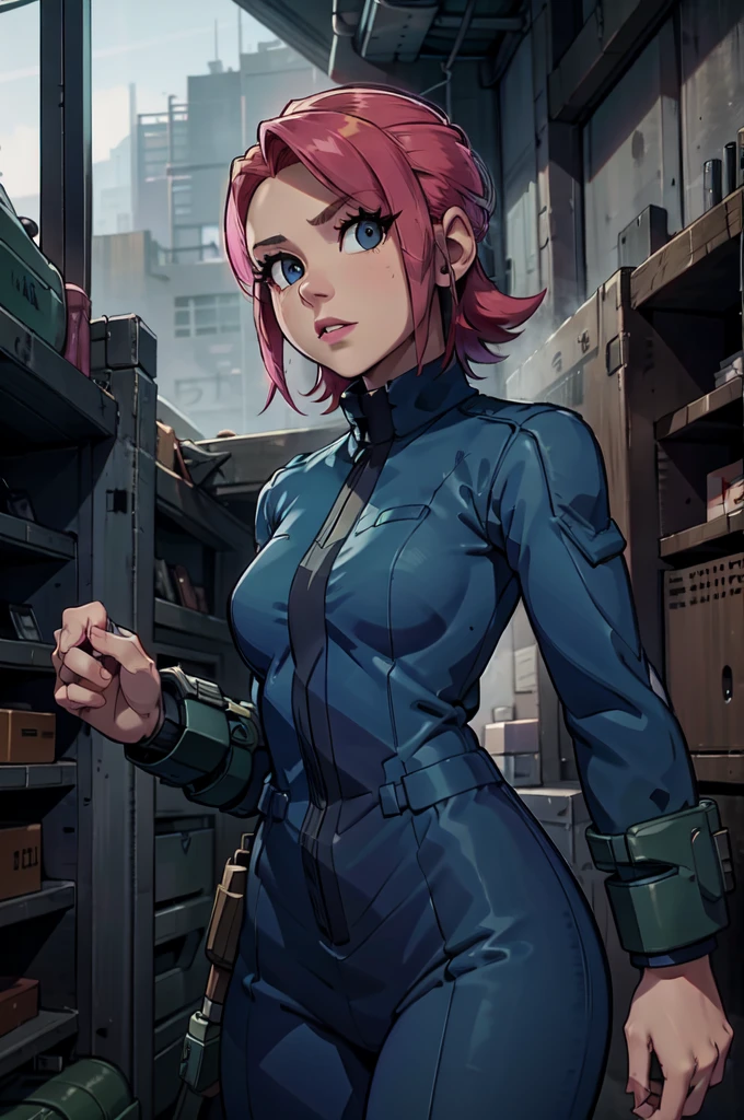 Mayl Sakurai reimagined as a vault dweller, doing maintenance in an underground vault. Her vibrant pink hair stands out against the dimly lit environment. She is a 26-year-old woman dressed in a vault dweller jumpsuit, indicative of her role in the post-apocalyptic world. The jumpsuit is worn but still functional, reflecting the harsh conditions of life underground. Her face is beautifully detailed, with expressive eyes that convey determination and intelligence. Her lips are also well-defined, adding to her overall allure.

In the vault, Mayl Sakurai is seen operating a pipboy, a wrist-worn device that serves as an essential tool and information hub for survival in the vault. The pipboy's screen emits a soft glow, illuminating Mayl's face and casting a subtle green hue on the surroundings. The details on the pipboy, from its buttons to its display, are extremely detailed, showcasing its futuristic design.

The underground vault is filled with mechanical equipment and pipes, emphasizing the importance of maintenance in this post-apocalyptic world. The atmosphere is gritty and industrial, with a hint of mystery and danger. The lighting is dim and has a hint of blue tones, enhancing the underground ambiance.

Despite the grim surroundings, Mayl Sakurai exudes confidence and strength as she jumps into action, ready to fulfill her duties as a vault dweller. Her posture and expression suggest that she is prepared to face any challenge that comes her way.

The image quality should be at its best, with 4K resolution and ultra-detailed rendering, capturing every intricate detail of the scene. The colors should be vivid, emphasizing the contrast between Mayl's vibrant pink hair and the dimly lit environment. The overall style should lean towards a post-apocalyptic concept art aesthetic, blending realism with a touch of fantasy.

In summary, the Stable Diffusion prompt for the provided theme would be:
Mayl Sakurai reimagined as a vault dweller, doing maintenance in an undergr