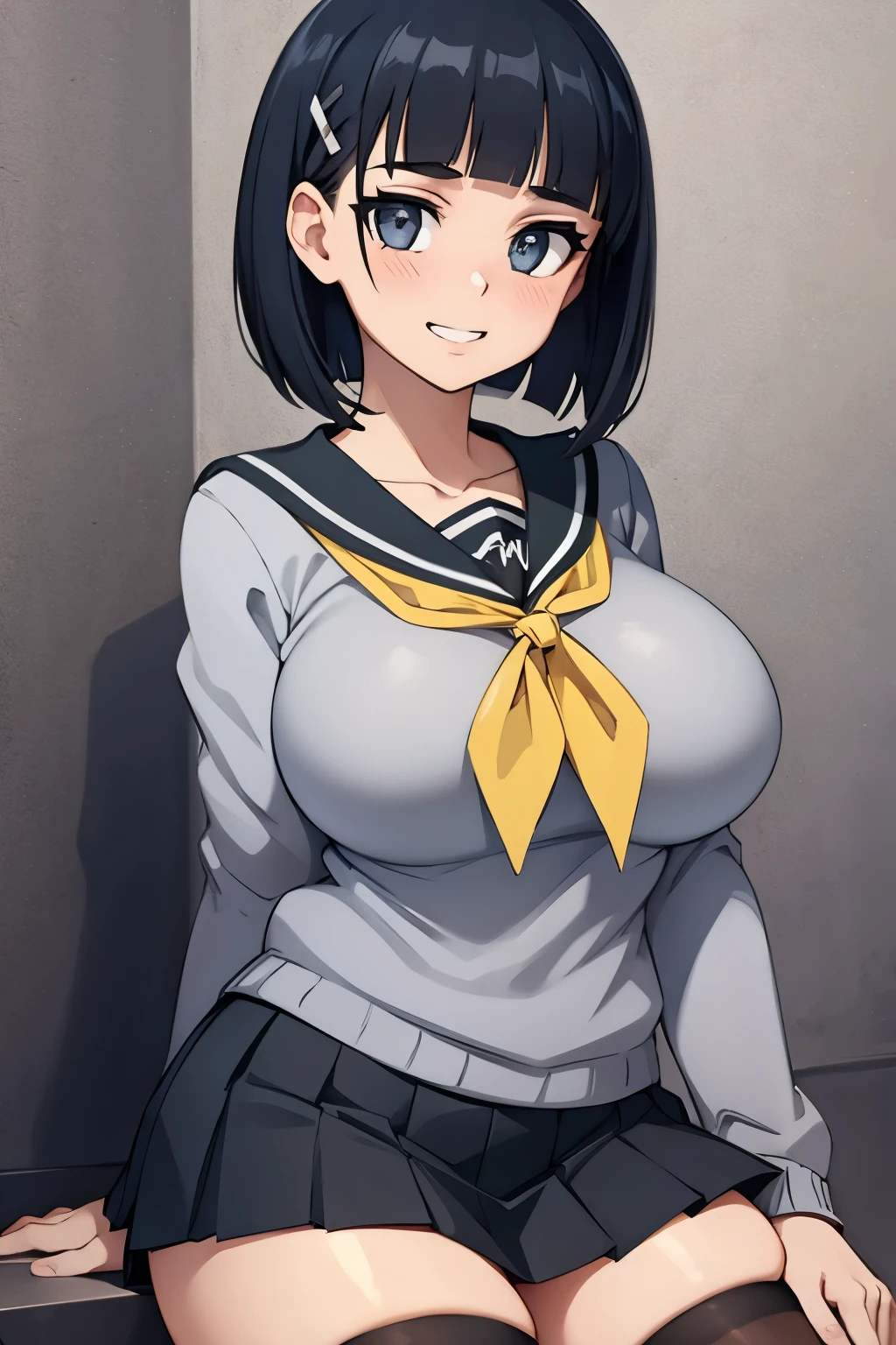 1 hot girl, dark hair, dark grey eyes, grin, gorgeous, aasugu, short hair, hairclip, grey sweater, black sailor collar, yellow neckerchief, black skirt, huge breasts, thighhighs