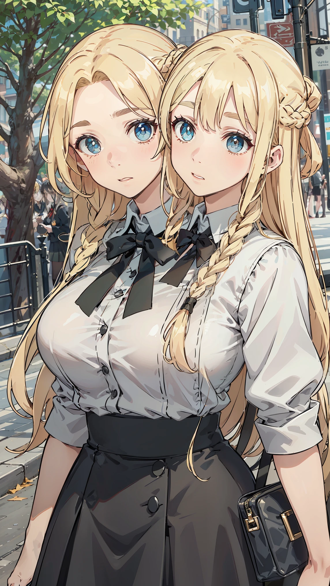 Uniforms，black skirt，white top，fashionable leather shoes， pop color，upper body, outdoors, park，long blonde hair，Thick eyebrows, bust and waist，beautiful blonde，white pupil,（masterpiece），（（highest quality）），（Super detailed），younger sister，（beautiful eyes beautiful details eyes，clean and delicate face，five fingers，Textile shades, conjoined_dicephalus, (two heads:1.3)