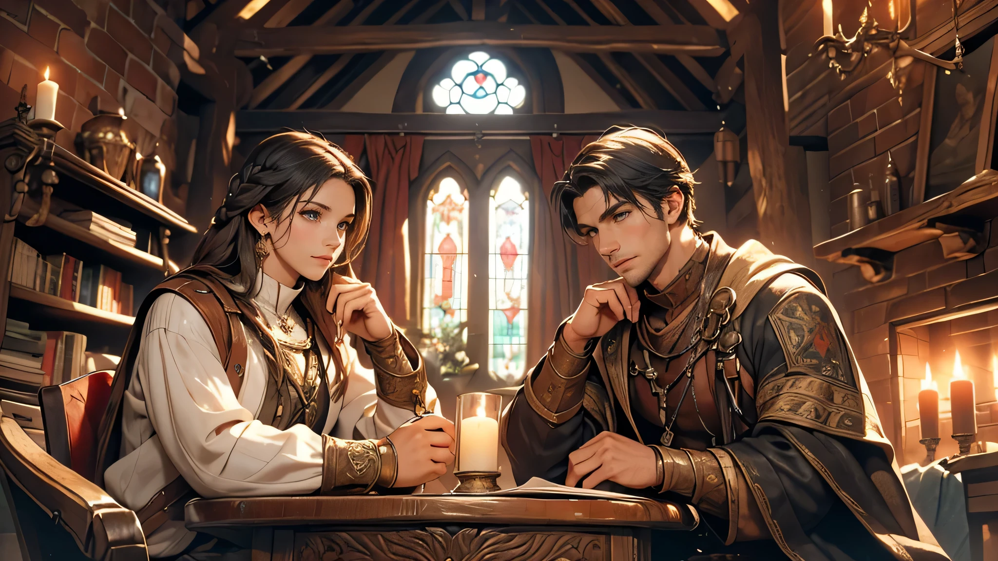 (highres,masterpiece:1.2),ultra-detailed,medieval fantasy,a girl with long black braided hair,talkative demeanor,expressive face,living room setting,adventure clothes in black,eye-catching outfit,sturdy leather boots,young man in shabby white clothes,genuine expression,cozy atmosphere,romantic candlelight,aged wooden furniture,elaborate decorations on the walls,vibrant tapestries,crackling fireplace,historical charm,bookshelf filled with ancient manuscripts,worn-out leather armchairs,high vaulted ceiling with exposed wooden beams,mysterious artifacts and weapons displayed along the walls,sunlight filtering through stained glass windows,oakwood dining table,unusual medieval-themed decorations,artificially aged antique mirror,curtains made of rich velvet fabric,intricate patterns,deep color palette,soft and warm lighting,peaceful ambiance,engrossed in conversation.