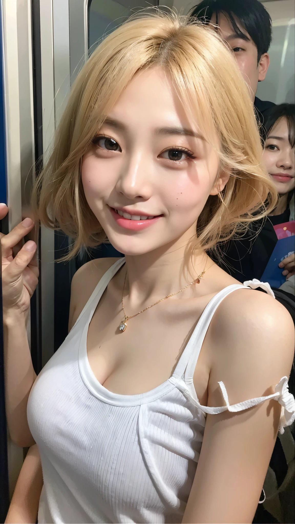 (highest quality、8k、32k、masterpiece、Realistic:1.4)、Cute Japanese Women Photos、Soft looking breasts、No bra、Ample breasts、((Shortcuts))、Face Focus、White T-shirt、necklace、1 carnation、From above、Looking at the audience、smile、I'm showing my teeth and smiling,Dynamic Shadows、blonde、Wet shiny hair、Shine, Watery eye、((In a crowded train)),